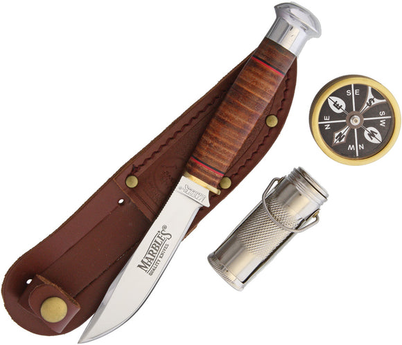 Marbles Fixed Blade Stacked Leather Knife Gift Set + Compass & Match Case 303