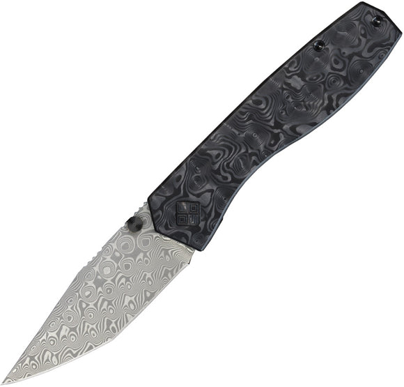 Ocaso Delos Framelock Black Carbon Fiber & Titanium Folding Damascus Knife 12IBK