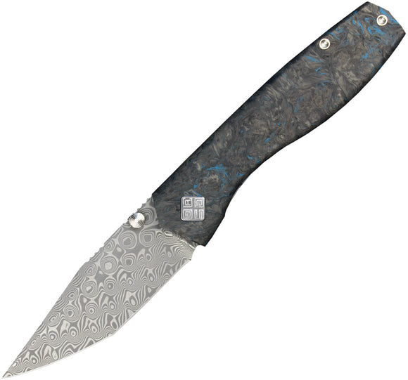 Ocaso Delos Framelock Blue Carbon Fiber & Titanium Folding Damascus Knife 12IBL