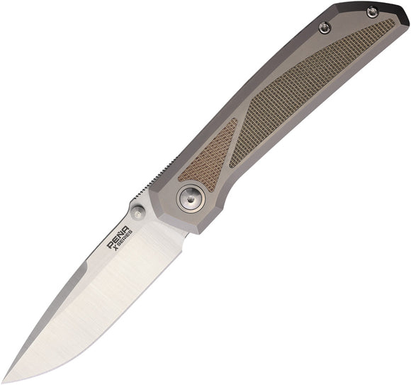 Pena Knives Mula Framelock Titanium & Brown & Green Micarta Folding M390 Drop Pt Knife E73