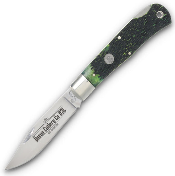 Queen Lockback Green Peach Seed Jigged Bone Folding 1095 Carbon Steel Pocket Knife PSB106