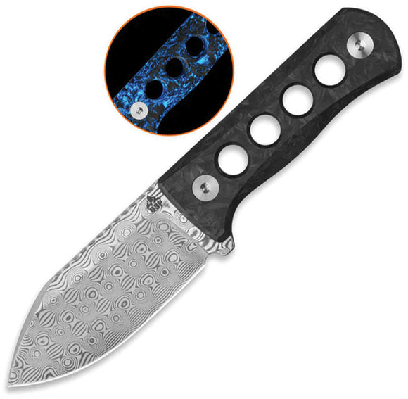 QSP Knife Canary Blue Glow In The Dark Carbon Fiber Damascus Fixed Blade Neck Knife 141L