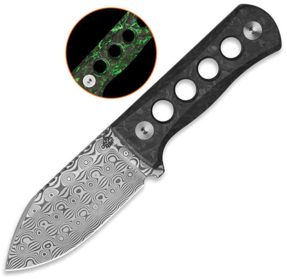 QSP Knife Canary Green Glow In The Dark Carbon Fiber Damascus Fixed Blade Neck Knife 141M