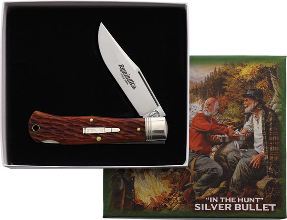 Remington 2026 Silver Bullet Lockback Brown Jigged Bone Folding 1095HC Pocket Knife 1342SB