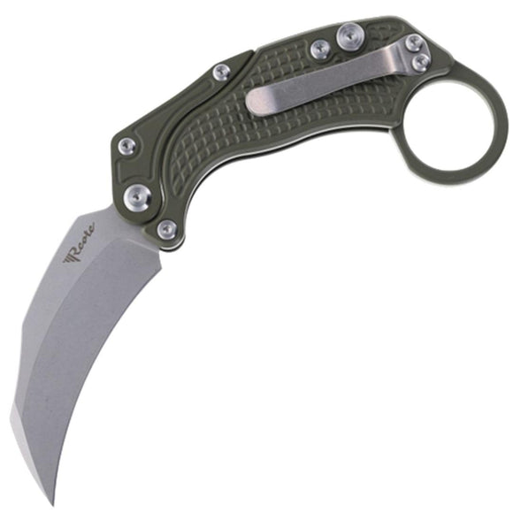 Reate Knives EXO-K Karambit Button Lock OD Green Aluminum Folding N690 Pocket Knife 118