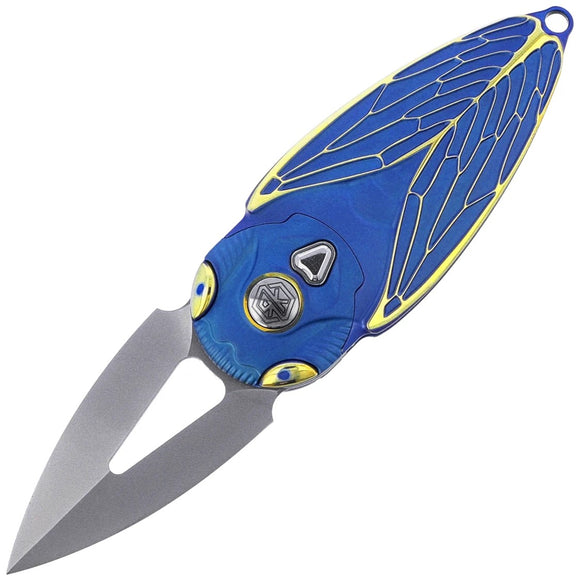 Rike Knife Cicada BG Button Lock Blue & Gold Titanium Folding M390 Knife CICADABG