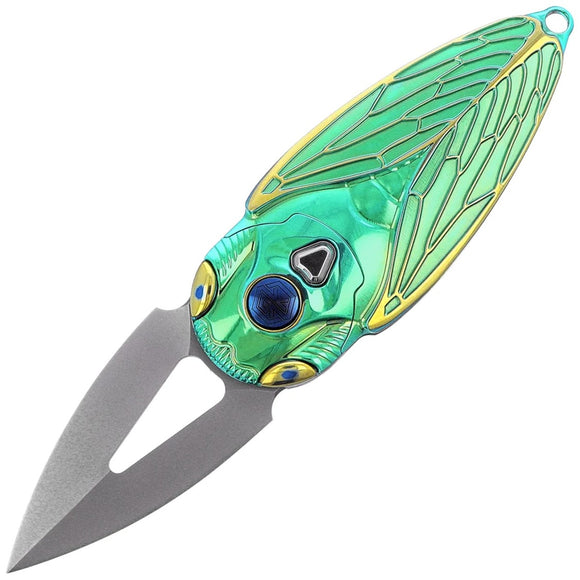 Rike Knife Cicada GG Button Lock Green & Gold Titanium Folding M390 Knife CICADAGG