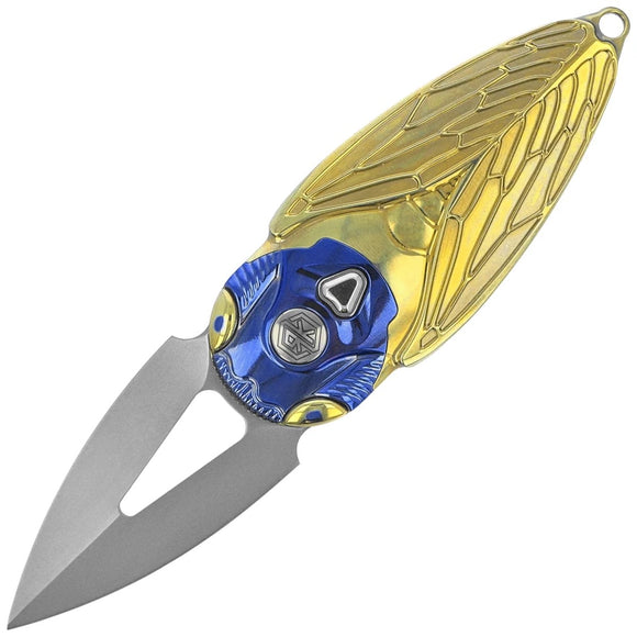Rike Knife Cicada G Button Lock Gold & Blue Titanium Folding M390 Knife CICADAG