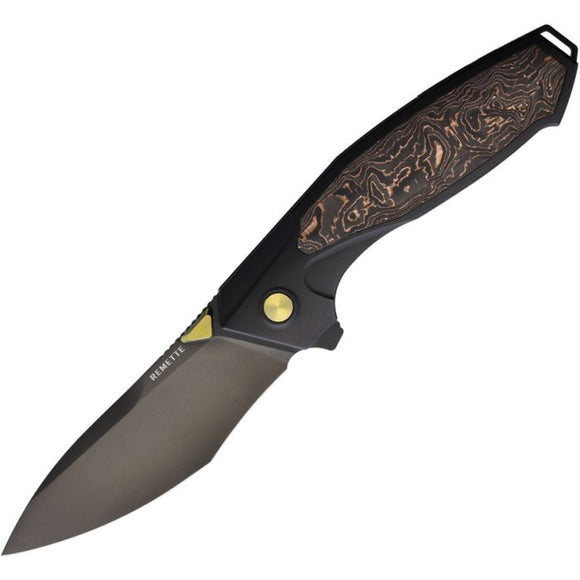 REMETTE Kingfisher Framelock Black Titanium & Copper Foil Carbon Fiber Folding M390 Knife RTKF5