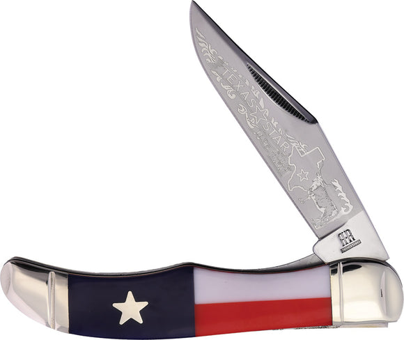 Rough Ryder Hunter Texas Star Red & White & Blue Folding Stainless Knife 2503