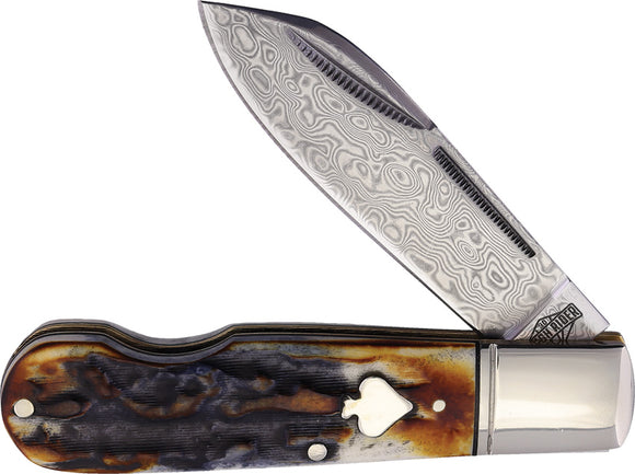 Rough Ryder EZ Jack Brown Cinnamon Jigged Bone Folding Damascus Pocket Knife 2528