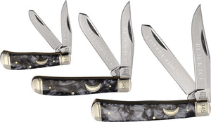Rough Rider Midnight Pearl Trapper Black Swirl Folding Stainless 3pc Pocket Knife Set 2691