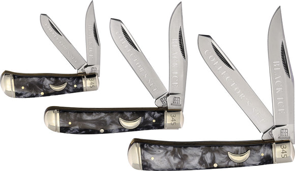 Rough Rider Midnight Pearl Trapper Black Swirl Folding Stainless 3pc Pocket Knife Set 2691