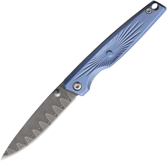 Rough Rider Linerlock Blue Aluminum Folding Damascus Pocket Knife 2695