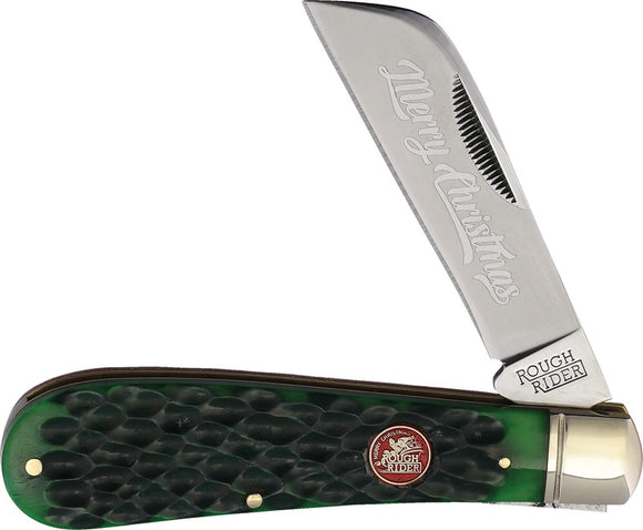 Rough Rider Merry Christmas 2025 Half Hawk Green & Red Bone Folding Pocket Knife 2725