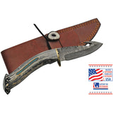 Rite Edge USA Guthook Brown & Tan Curved Damascus Fixed Blade Knife DHDMB2