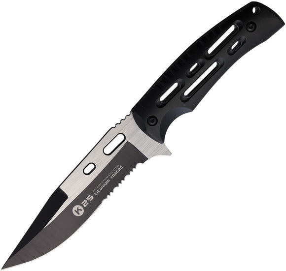 K25 Tactical Black Aluminum Stainless Steel Fixed Blade Knife 32608