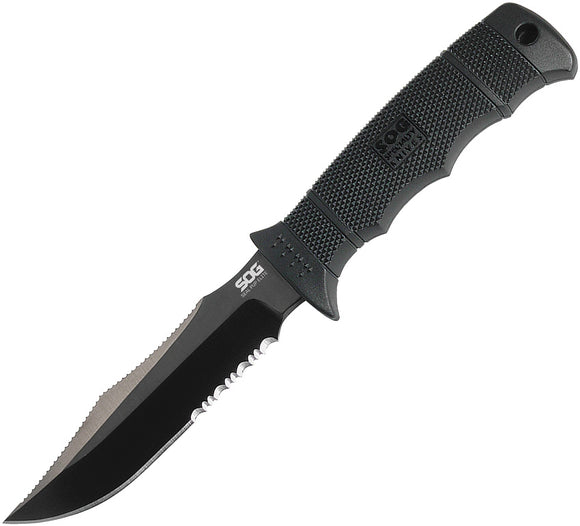 SOG SEAL Pup Elite Fixed Part Serrated Blade Black Handle Knife E37TK