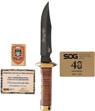 SOG 40th Anniversary Bowie LTE Stacked Leather AUS-8 Fixed Blade Knife w/ Zippo & Sheath S40BBX