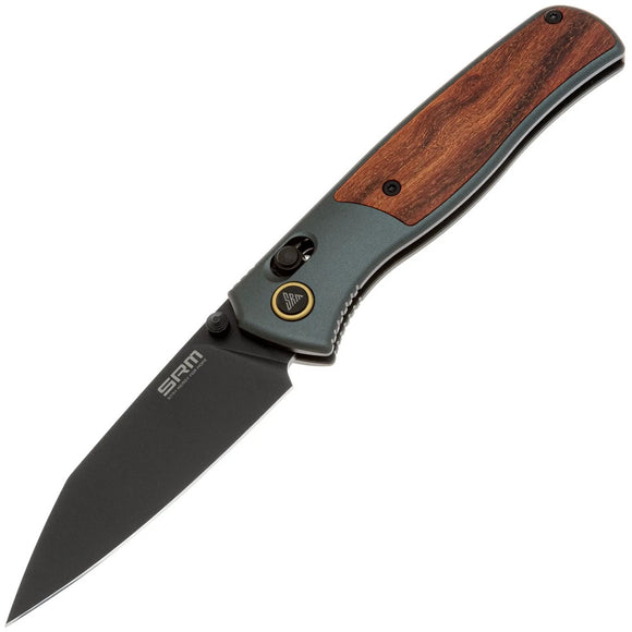 SRM Knives Medal 259L-AG Green Aluminum & Rosewood Folding 14C28N Knife 259LAG