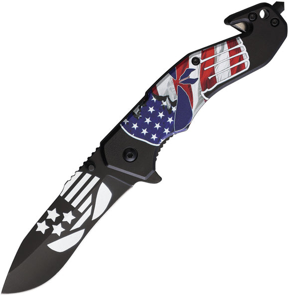 S-TEC Skull Linerlock A/O Black Patriotc Folding Stainless Pocket Knife T270173