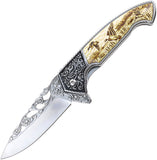 S-TEC Wildlife Framelock A/O Duck Tan Stainless Folding Pocket Knife 27801GO