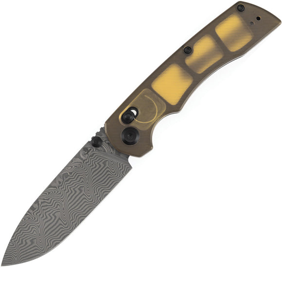 Tenable Knives Kryo Crossbar Lock Amber PEI Ultem Folding Damascus Pocket Knife 1001V10