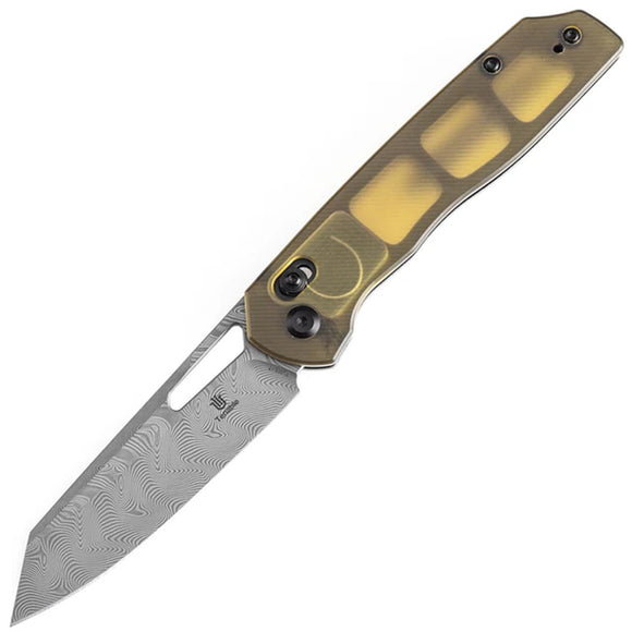 Tenable Knives Shard Crossbar Lock Amber PEI Ultem Folding Damascus Pocket Knife 1006V7