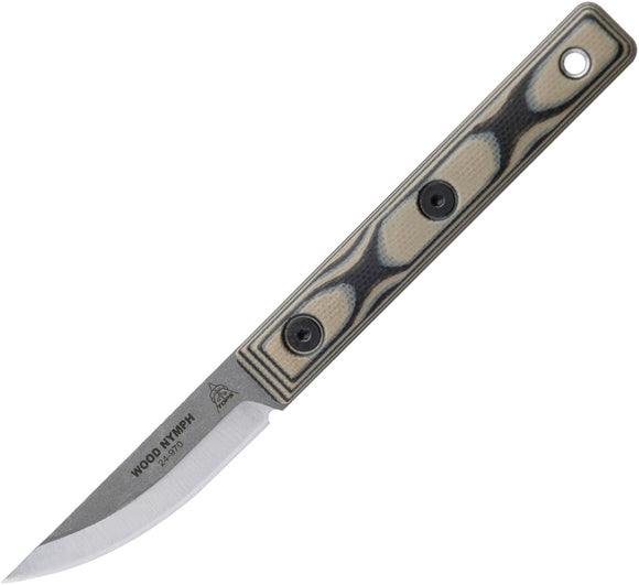 TOPS Wood Nymph Tan & Black G10 1095 Steel Fixed Blade Knife w/ Sheath WDNP01