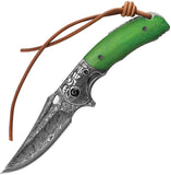 TRIVISA Puppis-02G Linerlock Green Ox Bone Folding Damascus Pocket Knife S02GBDP