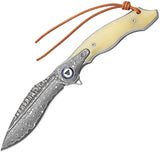 TRIVISA Lepus-02 Linerlock White Ox Bone Folding Damascus Pocket Knife YZ03WBD
