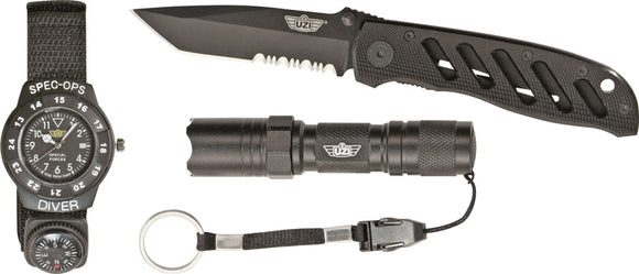 UZI Special Forces 3pc Black LED Flashlight Watch & Pocket Knife Gift Set SFS1