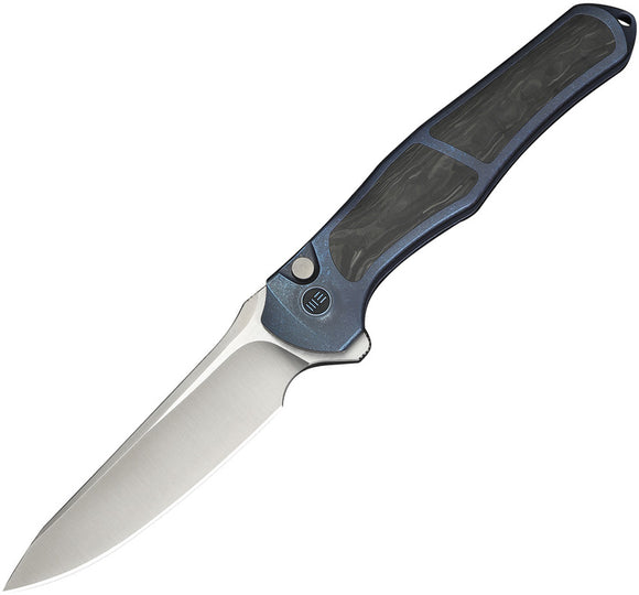 We Knife 702XI Button Lock LTE Blue Titanium & Shredded Carbon Fiber Folding M390 Knife 07B1