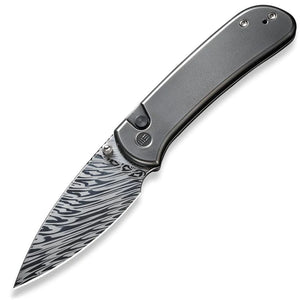 We Knife Qubit Button Lock Polished Gray 6AL4V Titanium Folding Damasteel Knife 22030FDS1