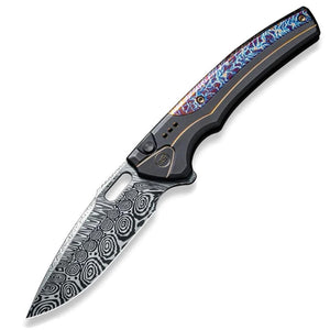 We Knife Exciton LTD Button Lock Black & Flamed Titanium Folding Damasteel Knife 22038ADS1