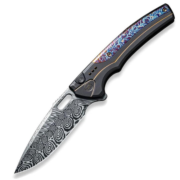 We Knife Exciton LTD Button Lock Black & Flamed Titanium Folding Damasteel Knife 22038ADS1