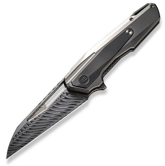 We Knife Falcaria Framelock Gray & Bead Blasted Titanium Folding Damasteel Knife 23012BDS1