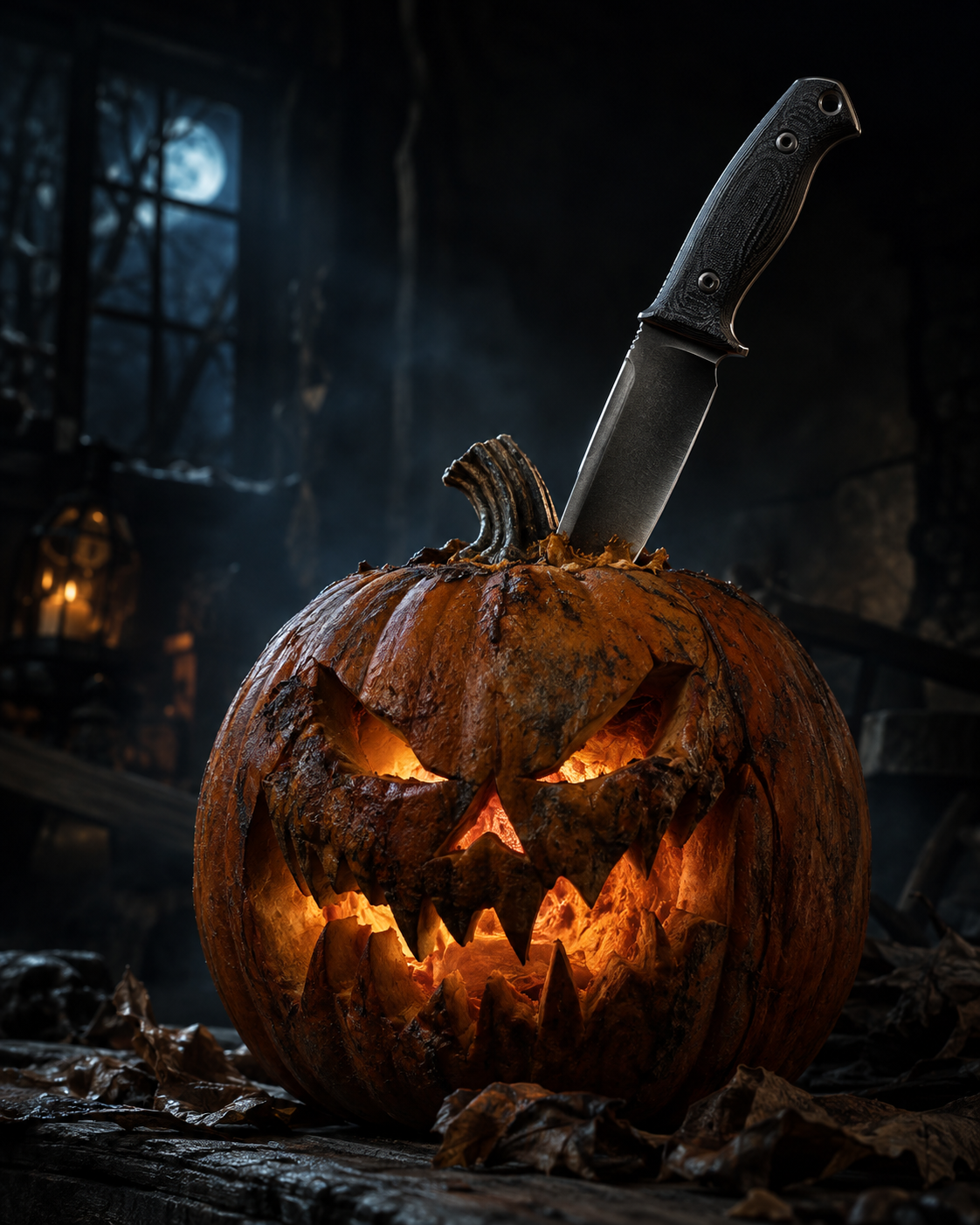 Halloween knife embedded in a glowing carved pumpkin