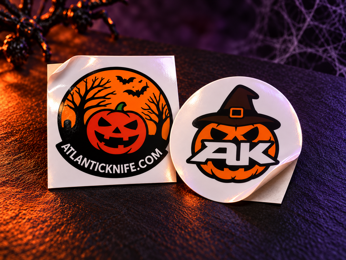 Two limited-edition Atlantic Knife Halloween stickers with glossy peel-away edges