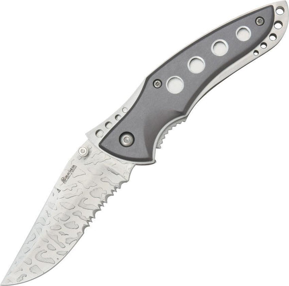 Boker Magnum Snowflake Damascus Linerlock Serrated Gray Folding Knife