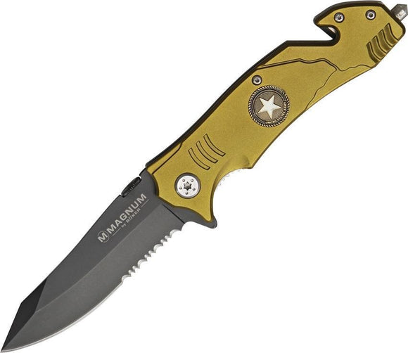 Boker Magnum Rescue Linerlock Army Star Olive Serrated Folding Blade Knife