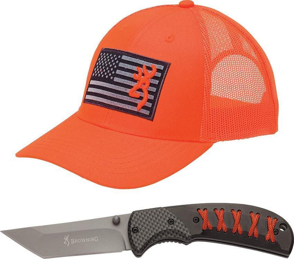 Browning Orange American Flag Cap & Folding Plain Knife