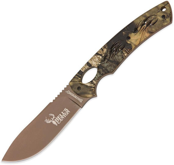 Browning Hells Canyon Brown Fixed Drop Pt Blade Camo Handle Knife