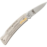 Browning BAR Military Gold Artwork Folder Sculpted Stainless Drop Pt Folding Knife 0277