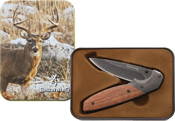 Browning Whitetail Deer Brown Wood Folding Drop Pt Blade Knife w/ 2017 Tin
