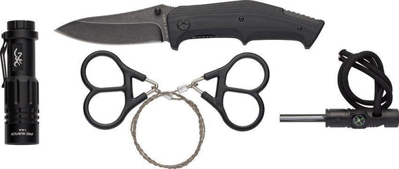 Browning Outdoorsman Survival A/O Black Knife Wire Saw Fire Starter Combo