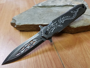 Dark Side Folding Knife Fantasy A/O Dragon Flame Black Stonewashed Pocket a028sl
