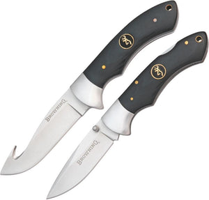 Browning Hunter Fixed & Folding Blade Black Wood Handle 2 Knife Combo Set