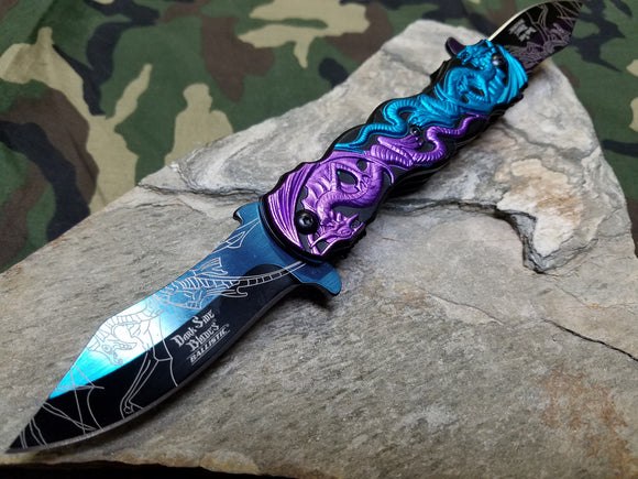 Dark Side Folding Knife Fantasy A/O Dragon 2 Double Blade Blue Purple - a045pb
