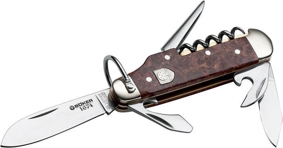 Boker Camp Knife 1674 Brown Wood 440C Stainless Folding Pocket Multi-Tool